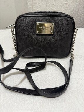 Michael Kors Black Crossbody Camera Bag with Silver Plaque